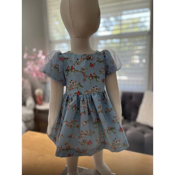 Myrtle Pattern Baby Girl Chiffon and Cotton Puff Sleeved Dress Baby Blue Birds - Picture 6 of 10